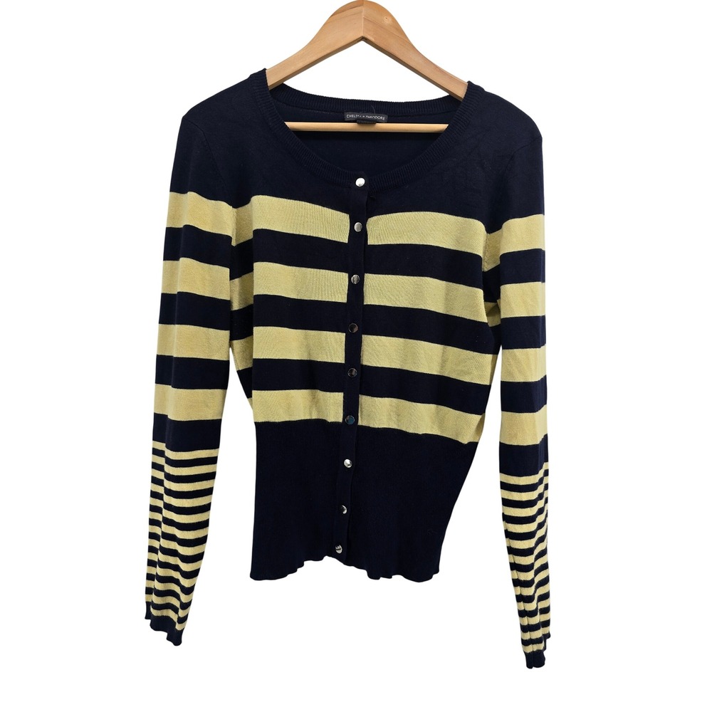 Chelsea & Theodore Cardigan Womens L Navy Blue Yellow Striped Button Front EUC